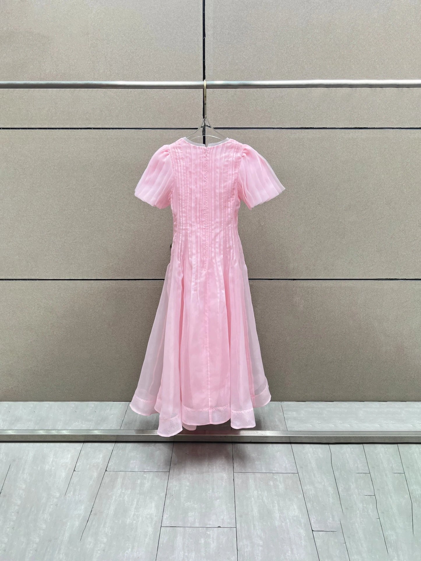 Summer 2025 Women's round NeckDouble Layer FabricHeavy Work Short Sleeve Dress Y2K High Quality Fashion High Street A-Line Skirt