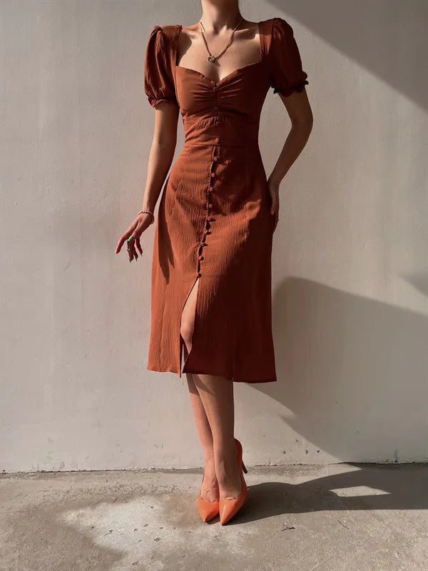 2024 Summer Fashion Summer Skirt Holiday Style Sexy Women's Dress V-neck Single Breasted Shrugged Mid Length Dress