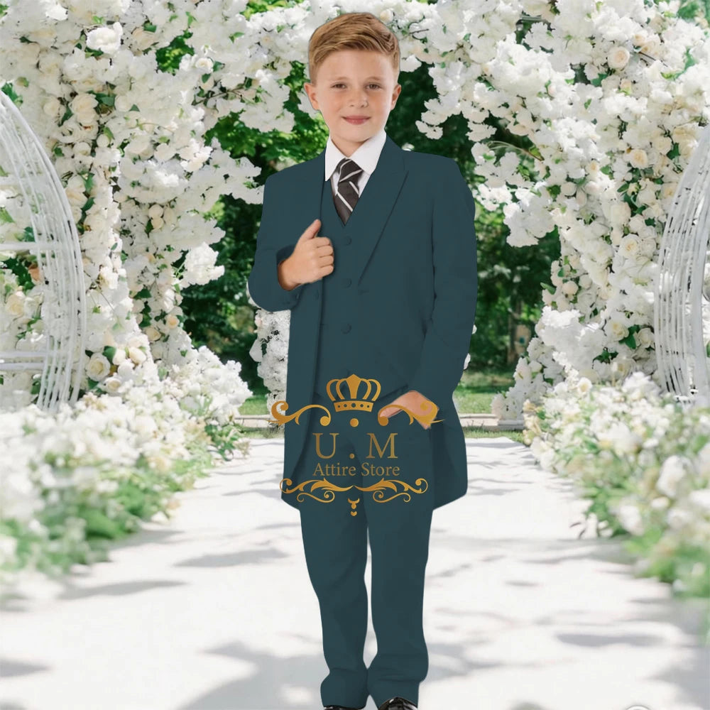 Custom Boys' 3-Piece Tuxedo Set Long Jacket Black Vest Pants Slim Fit Suit for Wedding Birthday Party Children Performances