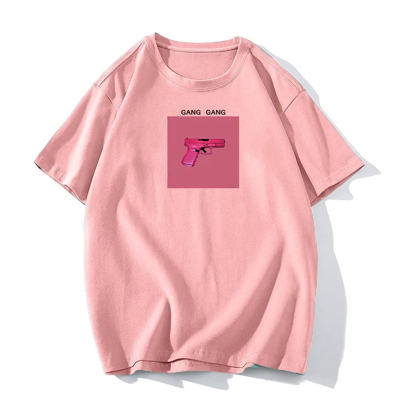 Hirsionsan 100% Cotton Pink Print T Shirt Women 2024 Summer New Basic Vintage Tee Casual Loose Chic O Neck Female Couple Tops