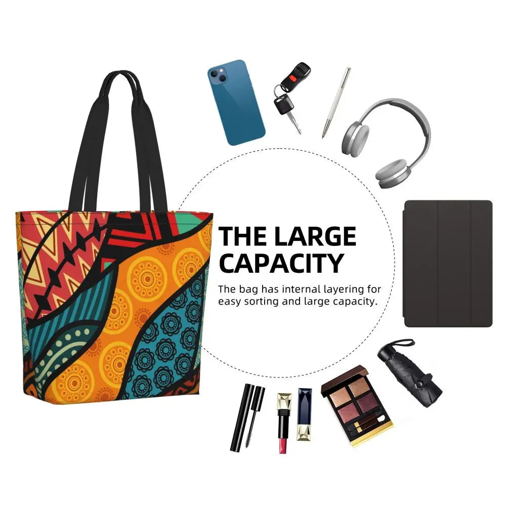 African Ankara Prints Grocery Shopping Tote Bags Women Geometric Ethnic Art Canvas Shoulder Shopper Bags Big Capacity Handbag