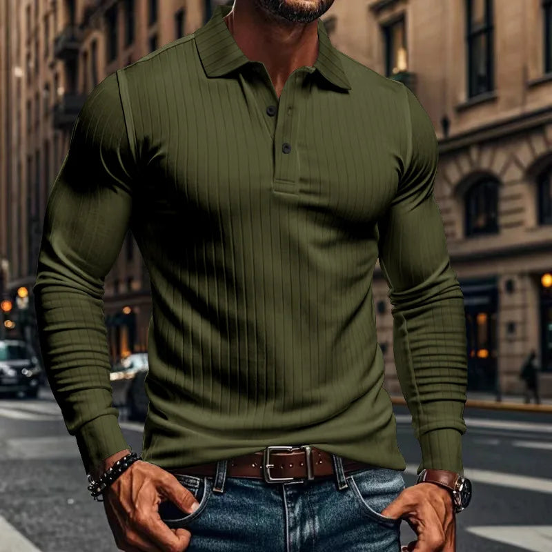Cross-border autumn men's classic casual American lapel button-up long-sleeved T-shirt elastic pit strip polo shirt