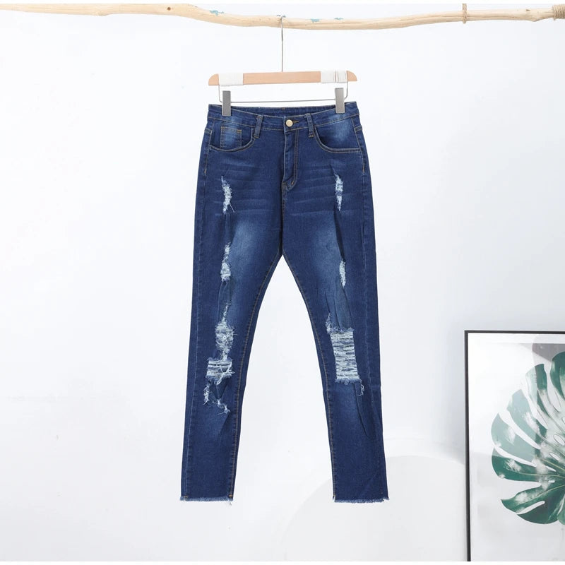 Women Ripped Jeans Low Waist Skinny Denim With Zipper Pockets Blue Y2K Summer