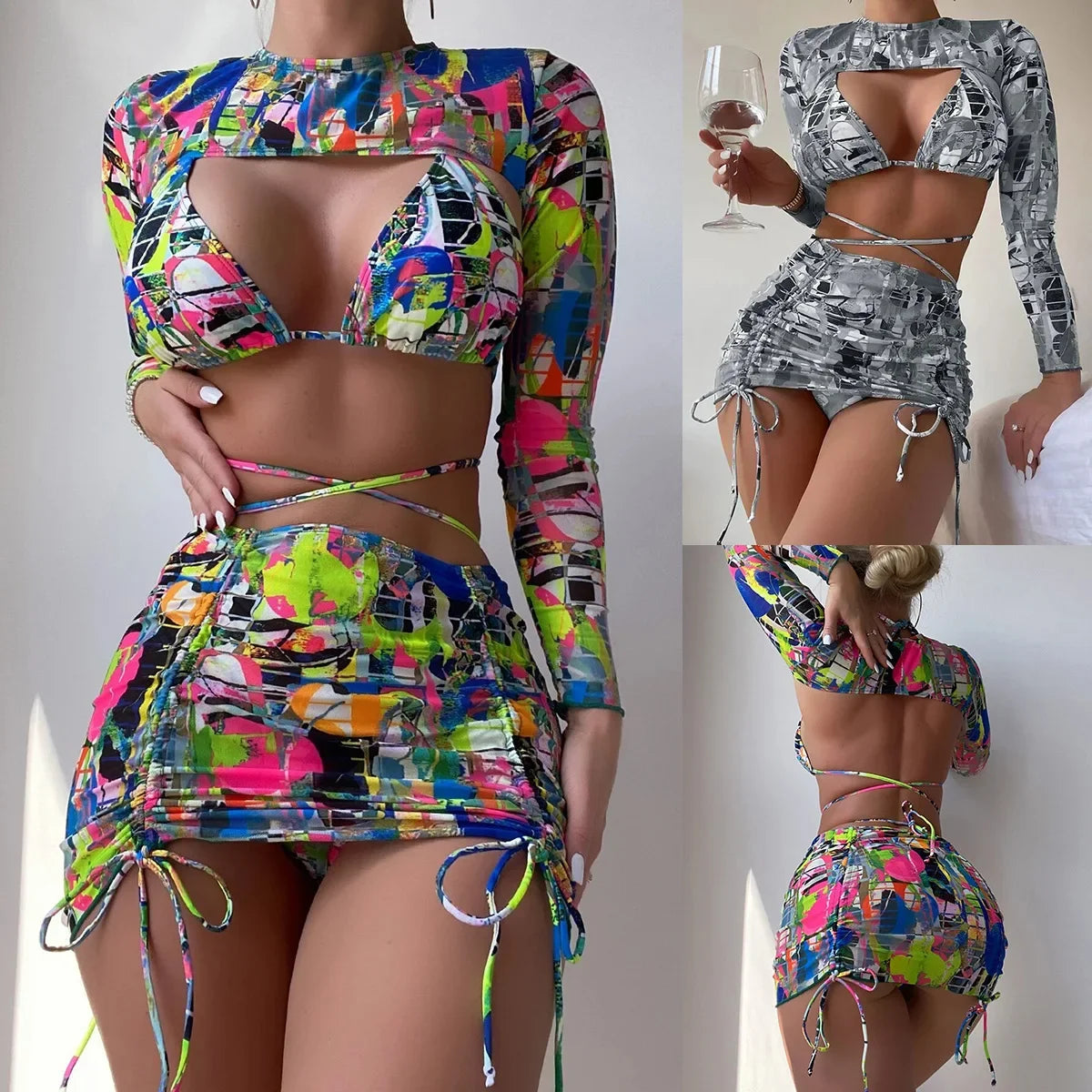 Sexy Printed 4 Piece Bikinis Women Push Up Swimwear With Wrap Long Sleeve Skirt Swimsuit Bathing Suit Beach Wear Female