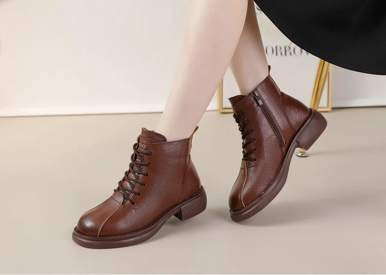 Xiuteng Autumn New Cowhide Mid-Heel Soft-Soled Women's Short Boots Retro Casual Leather  Boots Warm Women's Cotton Shoes