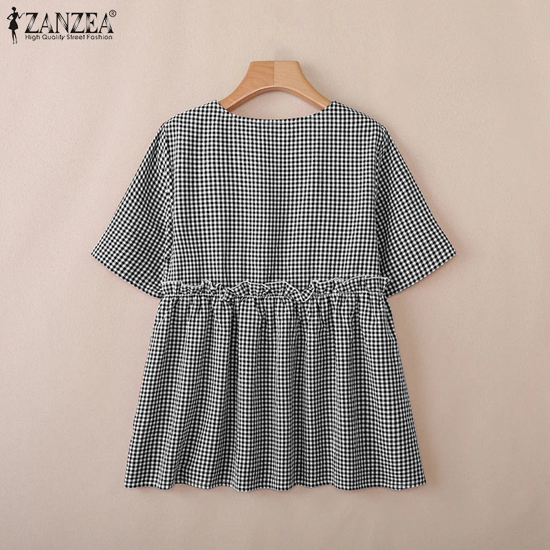 2025 ZANZEA Women Plaid Checked Blouse Summer Casual O Neck Short Sleeve Blusas Loose Tops Stylish Ruffled Work Shirt Oversize
