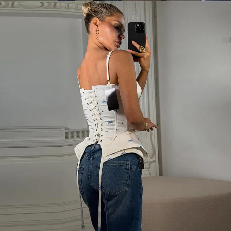 Sexy Print Fishbone Sling Tops Women Bandage Ribbon Patchwork Fitted Corset Female 2026 Summer New Chic Evening Party Tanks Lady