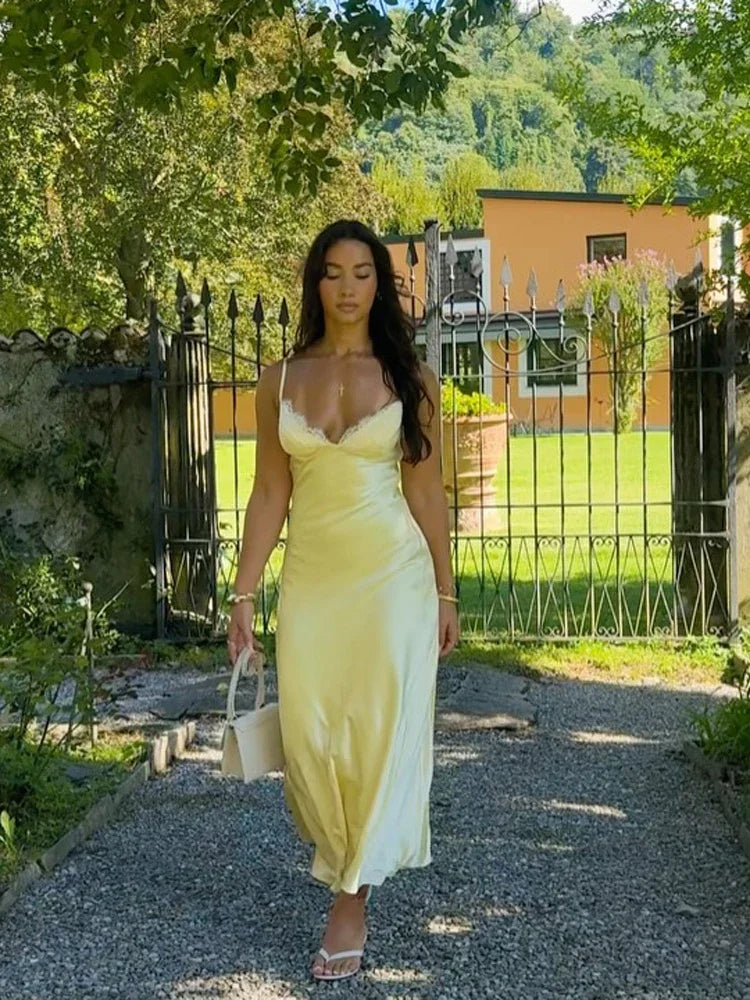 Satin Sexy Lace Spliced Maix Sling Dress Women Sleeveless Backless Yellow Vacation Vestidos 2026 Fashion Summer Lady Dresses﻿