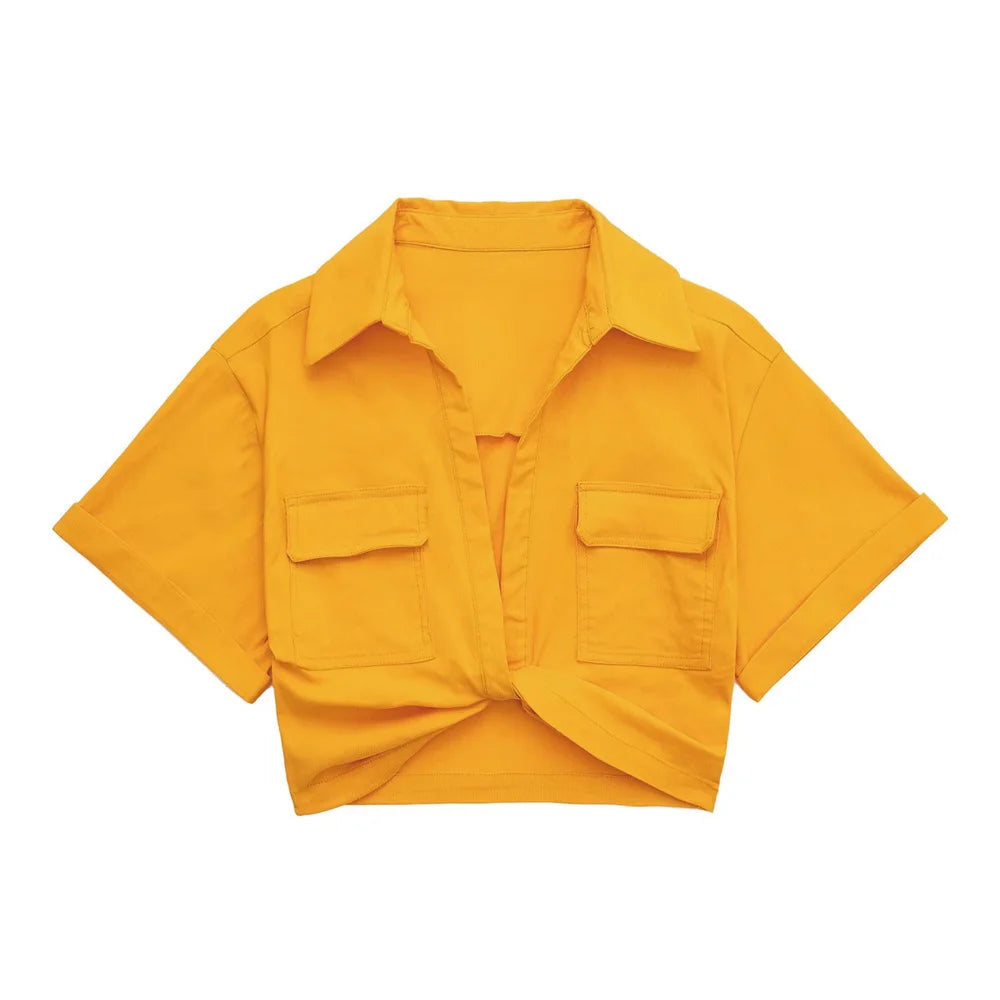 Women Fashion Front Knot Elastic Linen Cropped Shirts Vintage Short Sleeve Patch Pockets Female Blouses Blusa Chic Tops