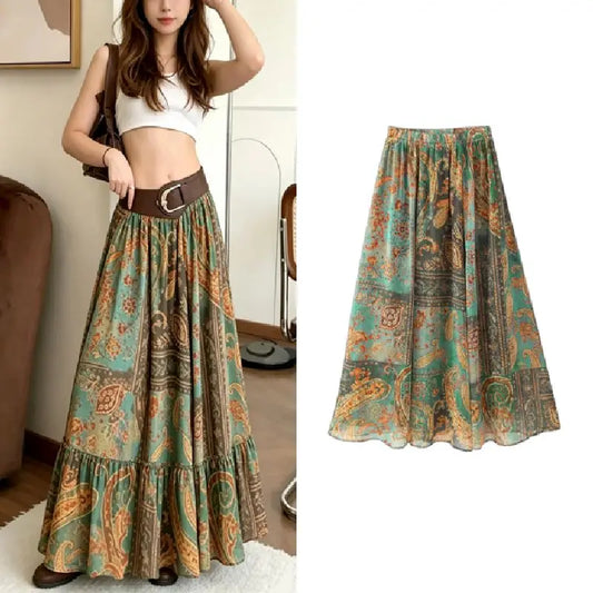 Vintage Printed Chiffon Midi Skirt 2026 Summer Women Boho Elastic Waist A Line Flowy Skirt Bohemian Casual Daily High Waist
