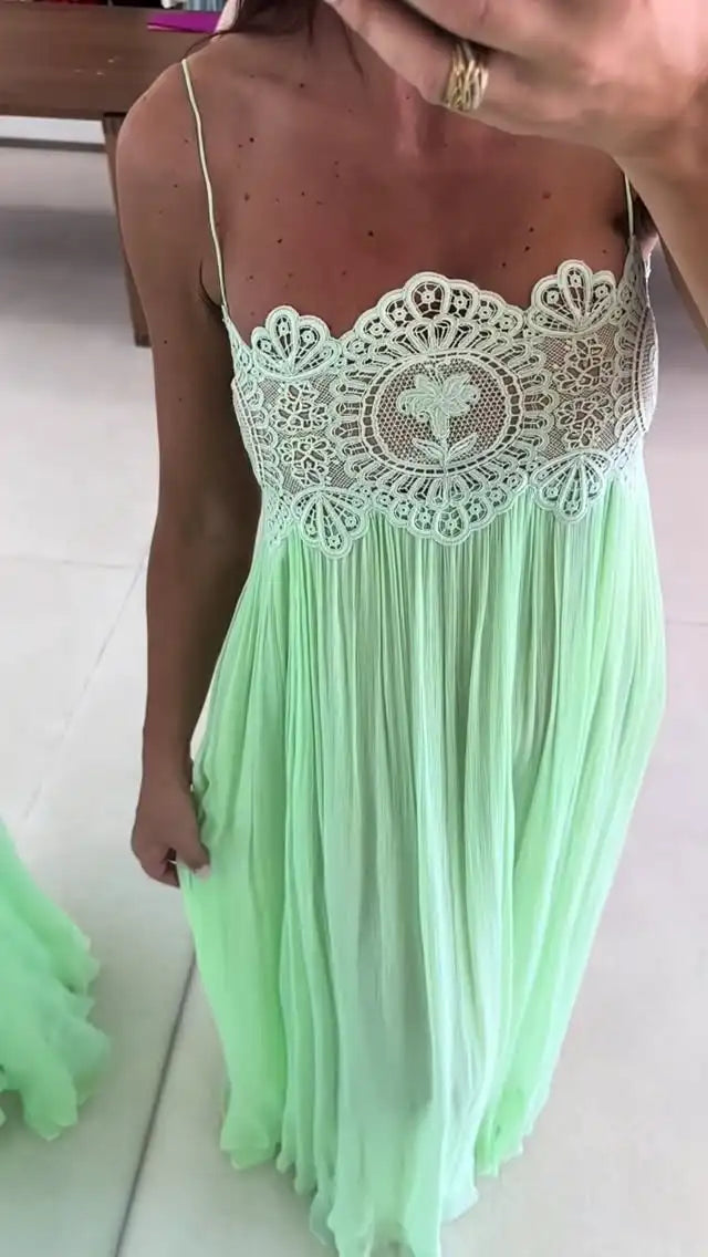 Women Lace Patchwork Pleated Slip Green Maix Dress Sexy Spaghetti Strap Sleeveless Backless 2026 Summer Vacation Beach Robe New