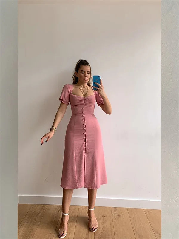 2024 Summer Fashion Summer Skirt Holiday Style Sexy Women's Dress V-neck Single Breasted Shrugged Mid Length Dress