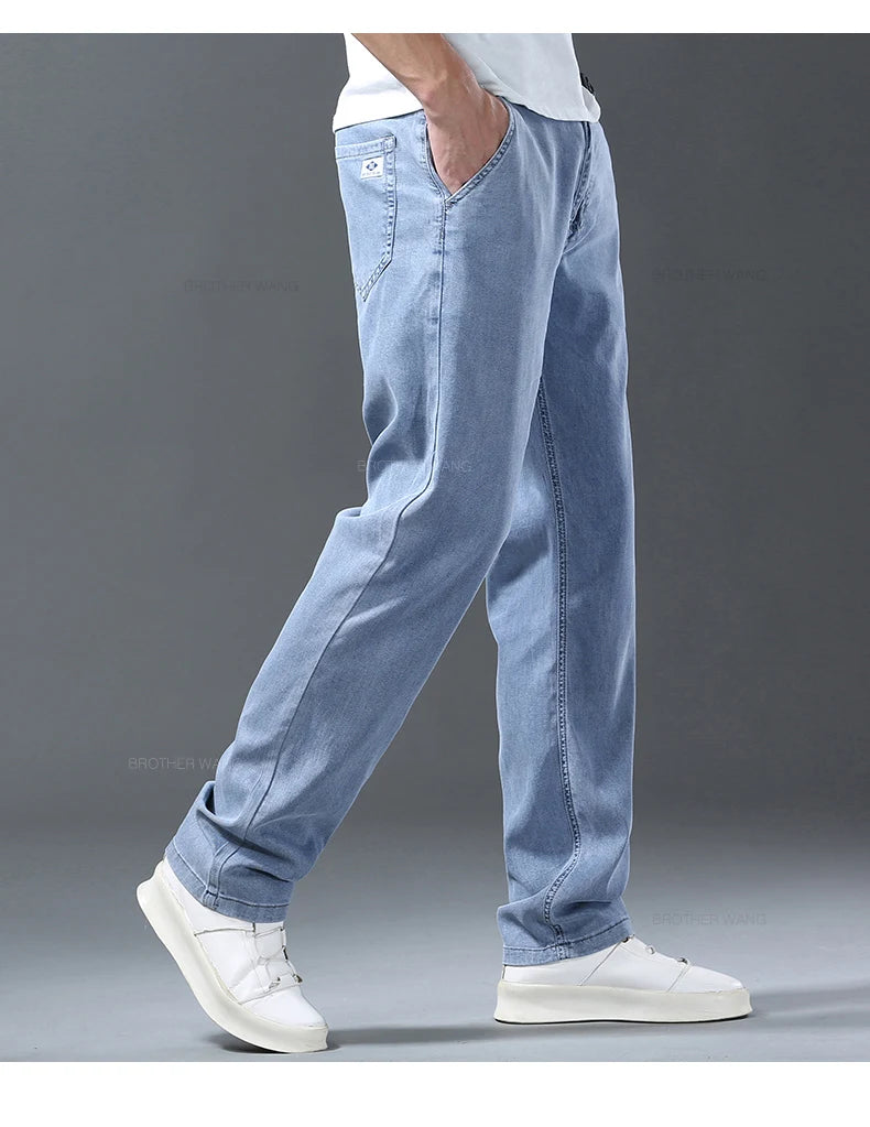 Lyocell Ice Silk Jeans Men's Summer Ultra-thin Loose Straight Denim Pants Soft Comfortable Brand Male Light Blue Trousers