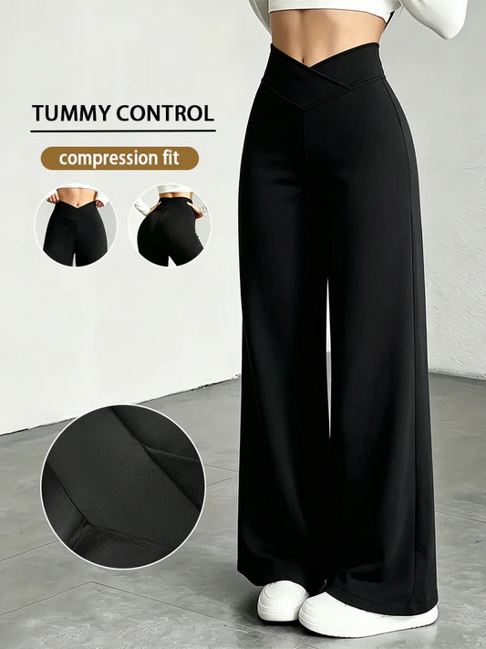 Lady's Black Cross-Waist Wide-Leg Pants, High-Waisted Abdominal-Reducing Casual Yoga Pants, Medium Stretch, Straight-Leg Style