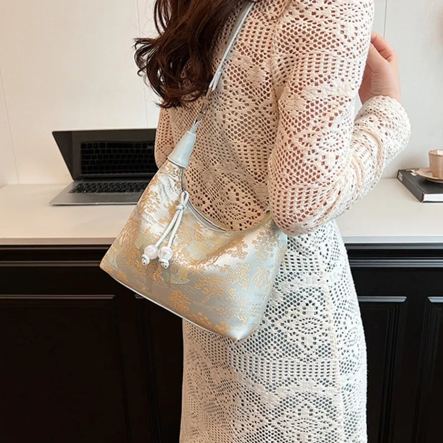 Fashion Embroidered Chinese Style Handbag Canvas Zipper Pea Purses Luxury Adjustable Cheongsam Bag Women