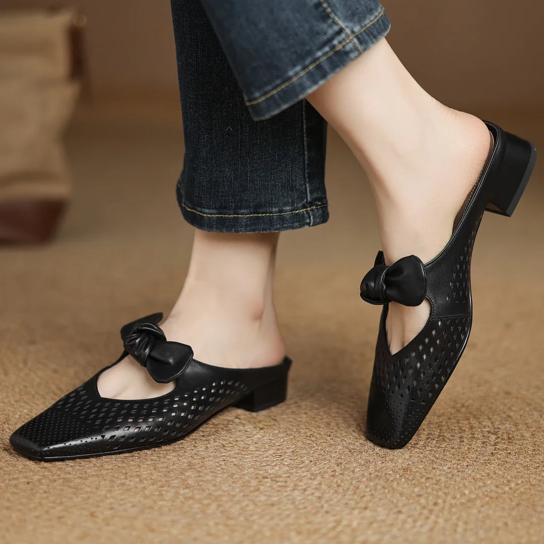 2025 Summer new plus size 34-41 women's hollow-out cow leather slip-on flats summer slides sandals sweet bowtie elegant mules