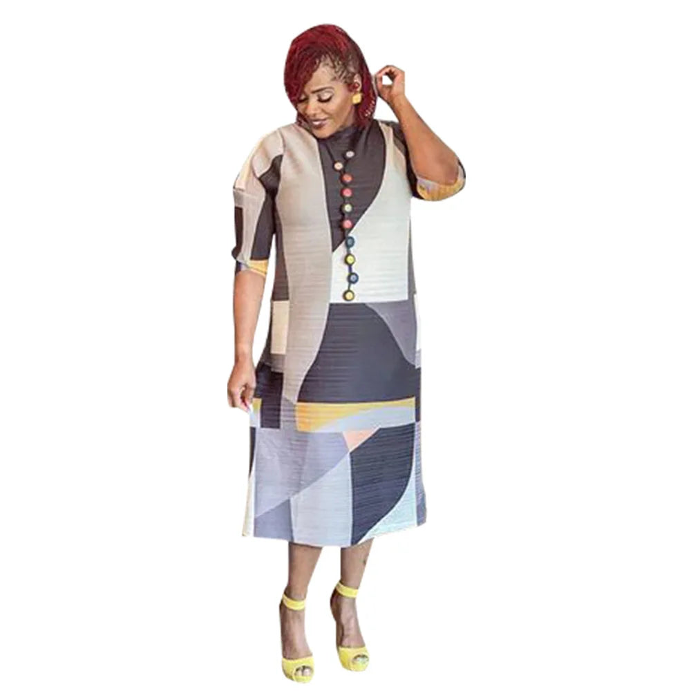 African Dresses for Women Summer Fashion Style African 3/4 Sleeve Polyester O-neck Pleated Dress Dashiki African Clothes Women