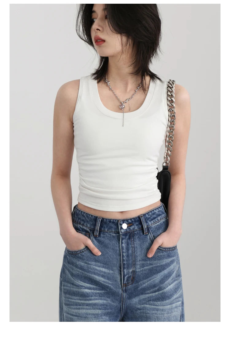CHIC VEN Women Tanks New Solid Color Tees U-neck Pleated Vest Suspender Sleeveless Slim Female Top Spring Summer 2024