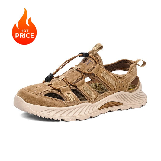 Men's Closed Toe Hiking Sandals Summer Suede Leather Non-Slip Soft Thick Sole Adjustable Drawstring Breathable Casual Beach Shoe