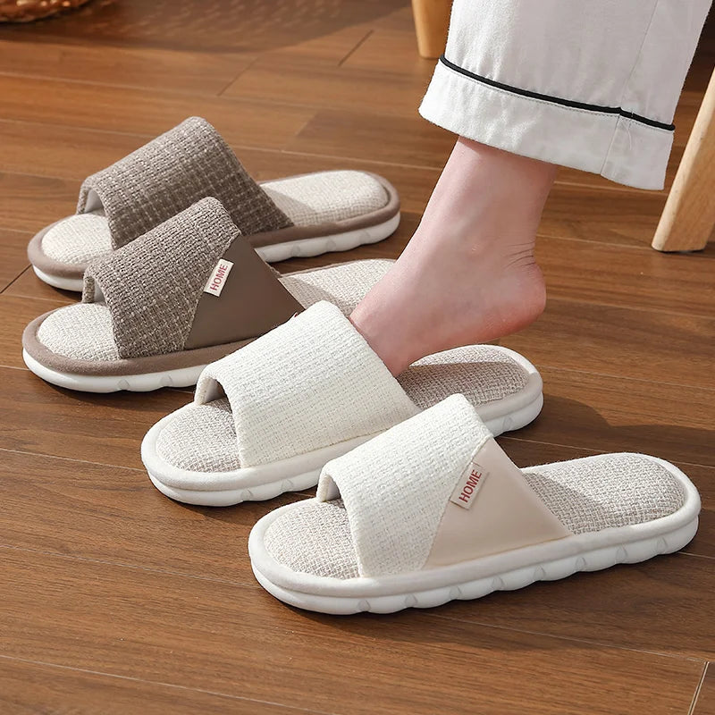 Couples Home Linen Slippers Women Indoor Soft Comfortable Bedroom Slides Men Leisure Non Slip House Shoes Platform Cotton Flats