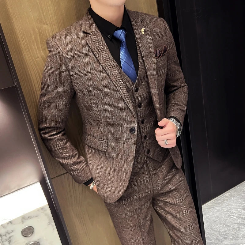 2023 Men's British Fashion Three-piece Set Slim Fit Suit Vest Trousers Ensemble Handsome Trendy All-in-one Banquet Blaze