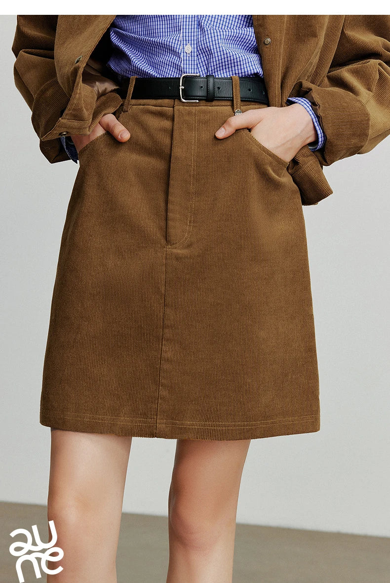 TOYOUTH Women Midi Skirt 2025 Autumn New Retro Corduroy Elastic Waist Pure Cotton A Line Mini Skirt