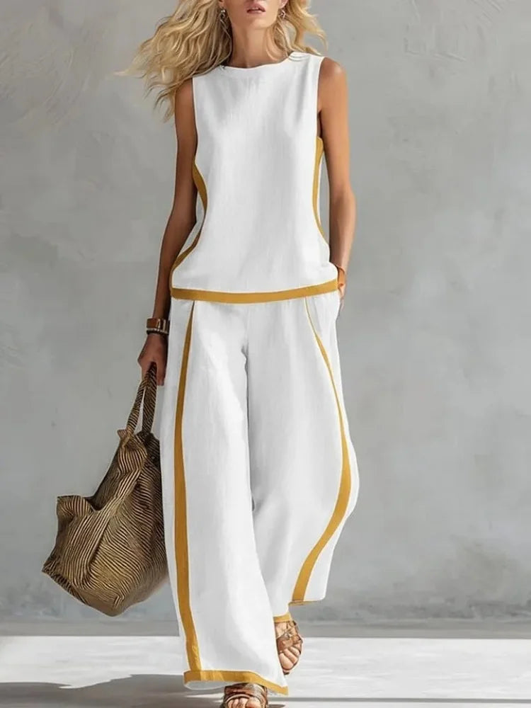 Women Two-piece Sleeveless Contrasting Color Wide-leg Trousers Suit - Loose O-Neck Pocket Sportswear Matching Set for Streetwear