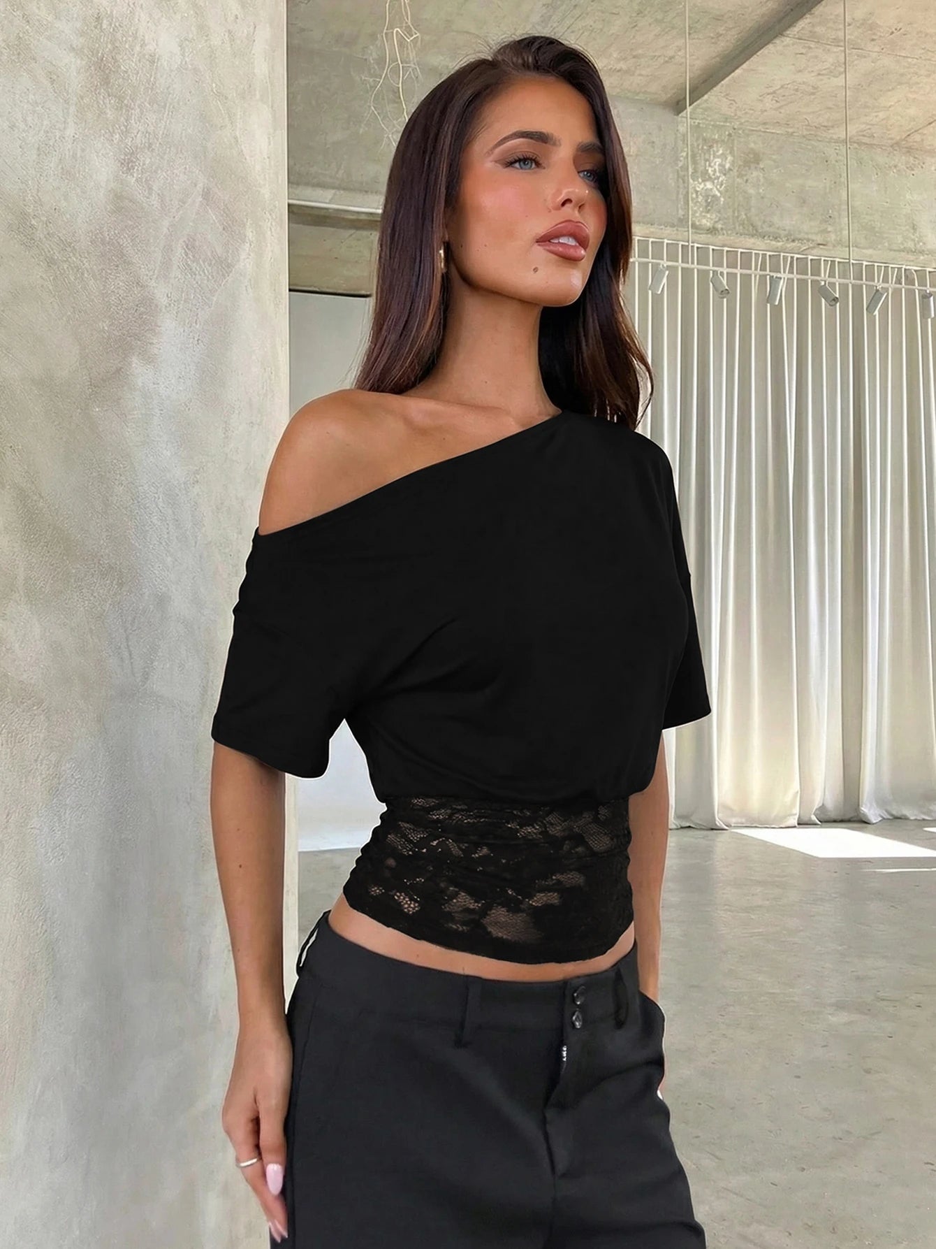 Dulzura Inclined Shoulder Short Sleeve Slim Lace Patchwork T-Shirt Women'S Vintage Sexy Casual Y2K Top Party Club Summer Clothes