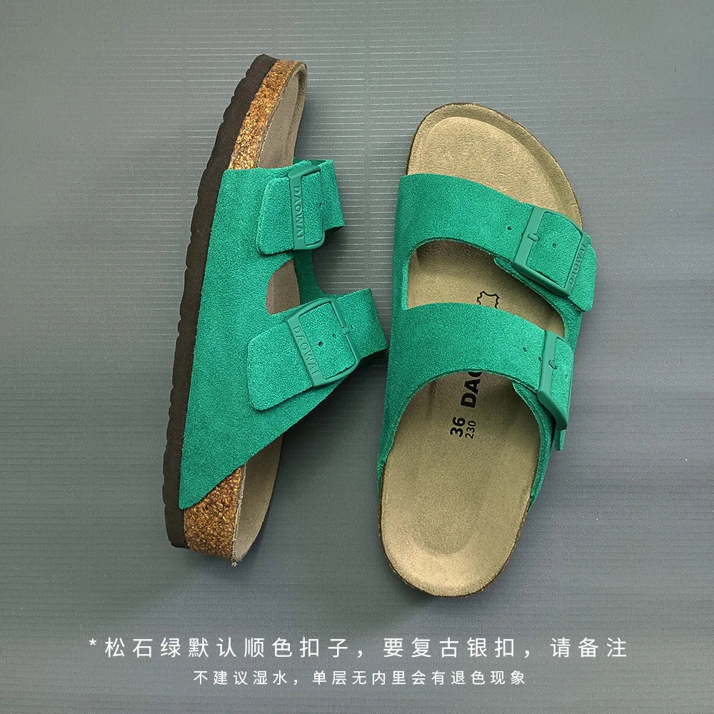 Genuine Leather Men Women Cow Suede Slippers Boy Girl Beach Slides Classic Cork Footbed Women Sandals  With Orthopedic Diabetic