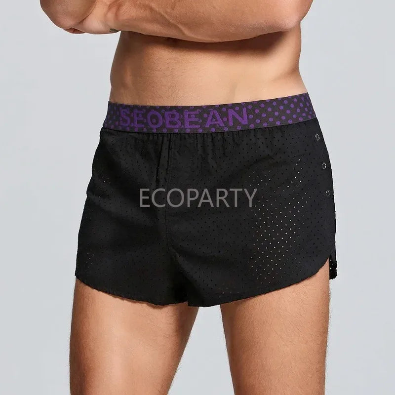 Summer new woven pure cotton Aro pants with side split button design, breathable mesh single-layer sleeping pants for men