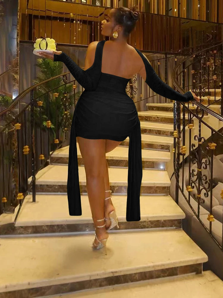 Sisterlinda Mesh Simple Mini Dress Fashion Solid Strapless Ribbons Tassel Body-shaping Vestidos+Seperately Full Sleeve Gloves