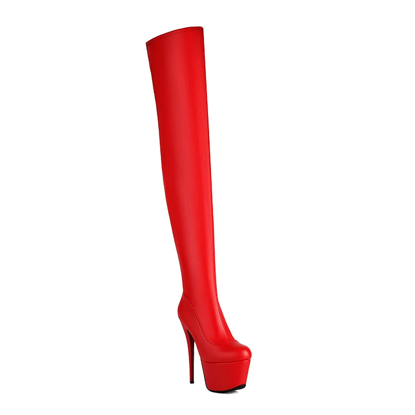 Plus Size Glossy Patent Leather High Platform Super High Thick Heel Over The Knee Boots Matte PU Zipper Warm Inside Long Boots