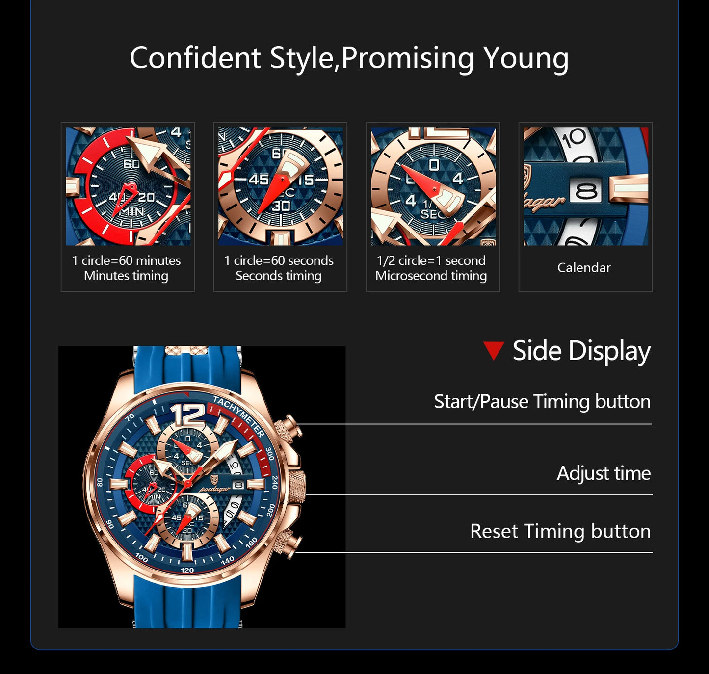 POEDAGAR Luxury Watch For Men Date Chronograph Luminous Waterproof Silicone Male Watch Fashion Sports Quartz Men's Watches Reloj