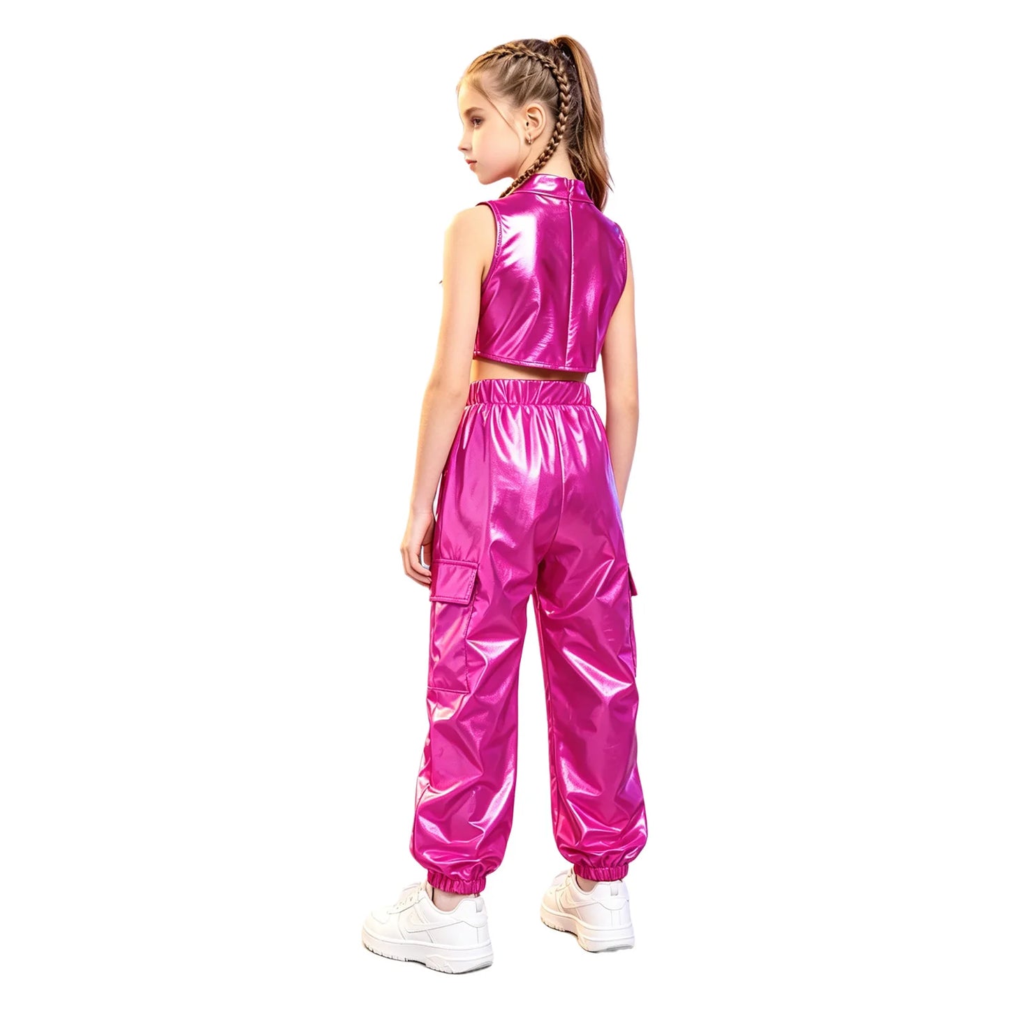 Kids Girls Disco Jazz Hip Hop Dance Outfit Sleeveless Shiny Sequin Ruffle Crop Top with Metallic Pants School Show Party Costume