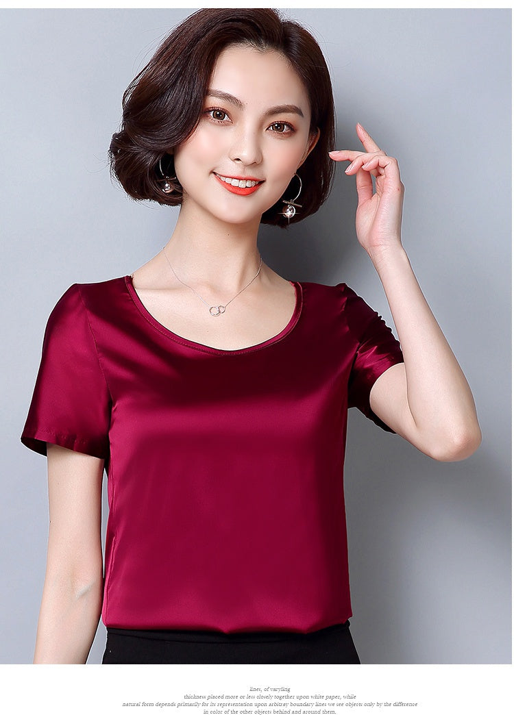 New outer wear silk round neck sling top satin short-sleeved stretch T-shirt large size bottoming shirt women
