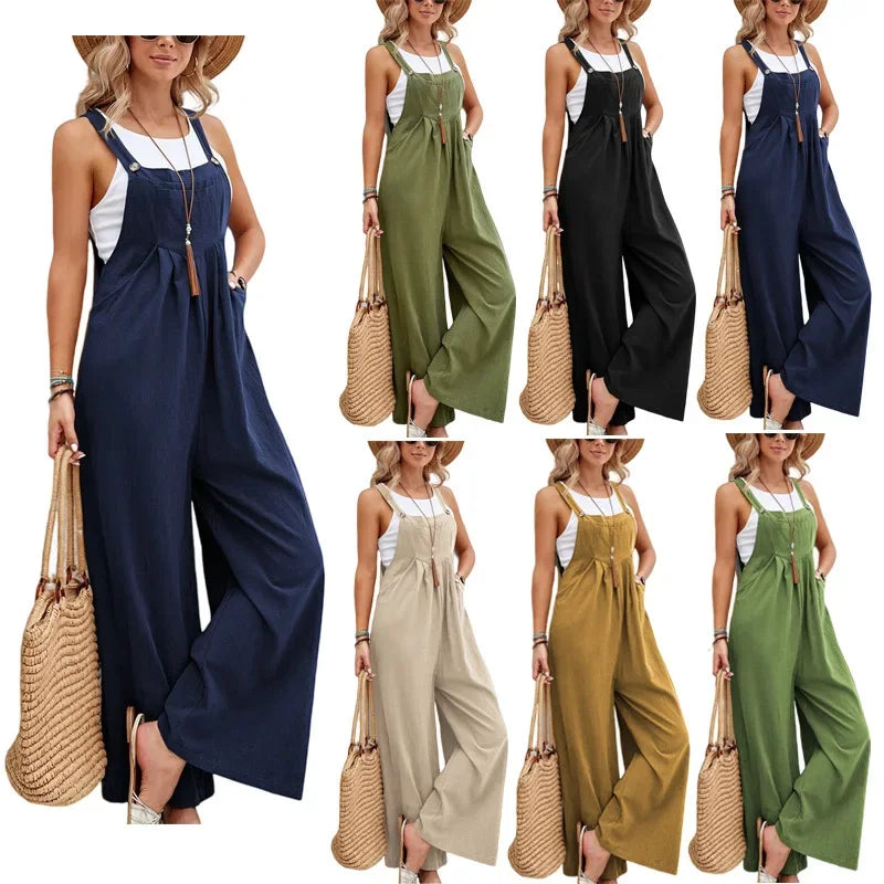 Women Summer Autumn Casual Straps Jumpsuits Elegant High Waist Wide Leg Trousers Harajuku Sleeveless Rompers Streetwear Overalls