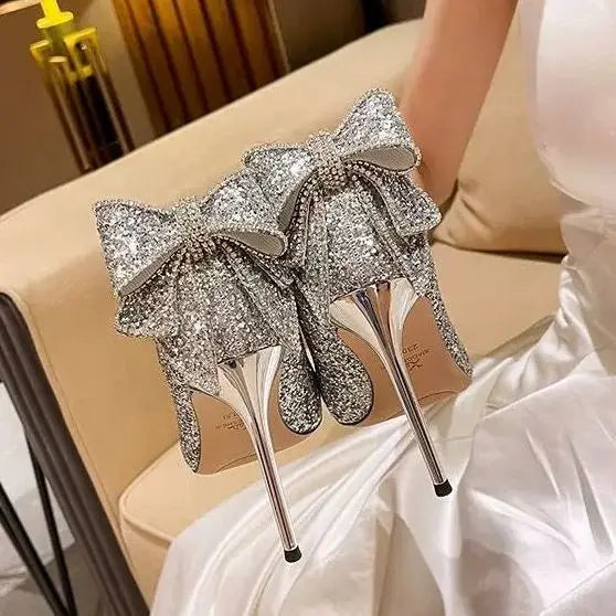 Shoes for Woman 2025 Stilito Silver Women's Summer Footwear Wedding Bride Shoe Rhinestone Pointed Toe Super High Heel Diamond 39