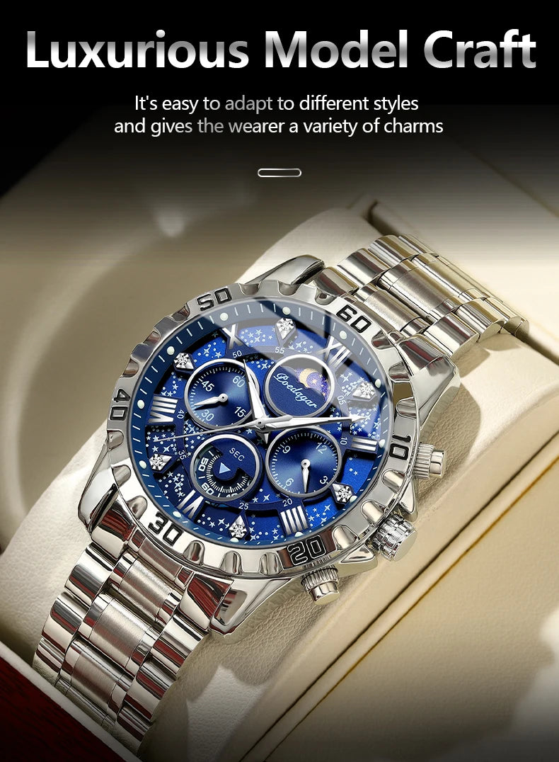 POEDAGAR Trendy Men Watch Chronograph Waterproof Luminous Stainless Steel Man Wristwatch Luxury Business Quartz Watches For Men