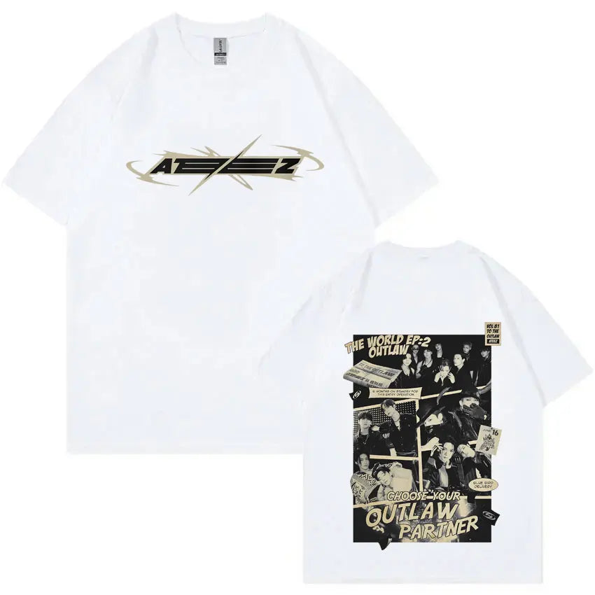 Hot Korean Kpop ATEEZ The World Ep: 2 Outlaw T-shirt 2025 World Tour Towards The Light Will To Power Tshirt Male Fashion Tees