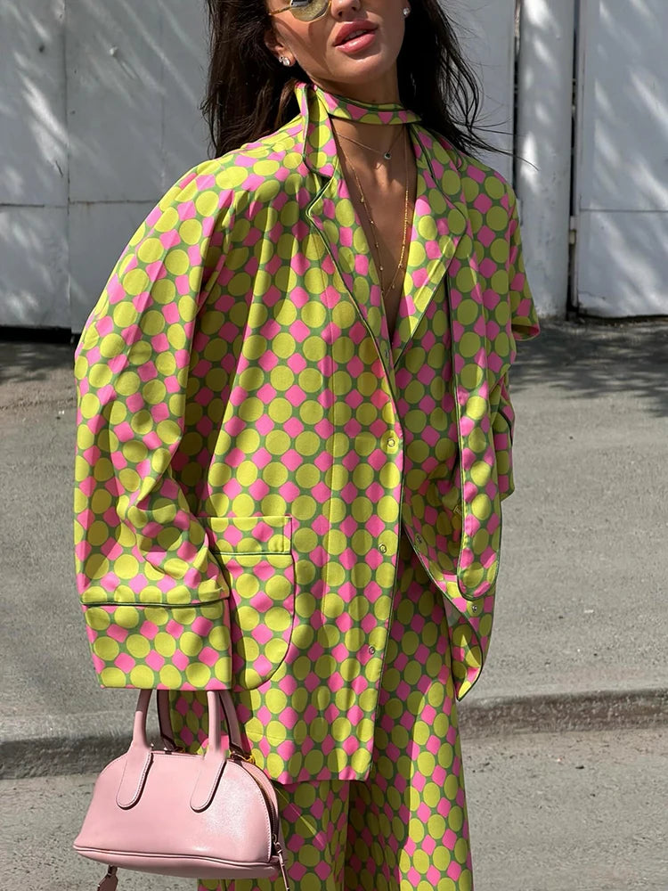 Casual Plaid Women's Blazer Pant Suits Scarf Collar Long Sleeve Button Shirt Pleated Wide Leg Trousers 2026 Summer Female Set