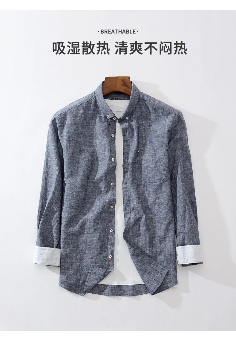 Shirt New Men's Fashion Solid Color Cotton Linen Everything Trend British Style Casual Business Formal Long-sleeved Shirt