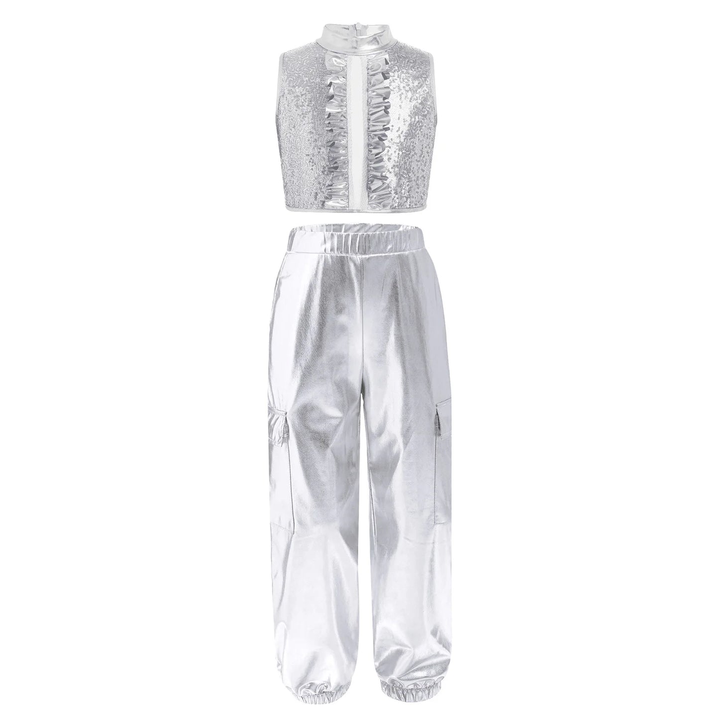Kids Girls Disco Jazz Hip Hop Dance Outfit Sleeveless Shiny Sequin Ruffle Crop Top with Metallic Pants School Show Party Costume