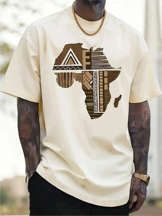 African Map Print Crew Neck Short-sleeved T-shirt, Outdoor Street Style, Hip-hop Casual Comfortable Top, Spring and Summer.