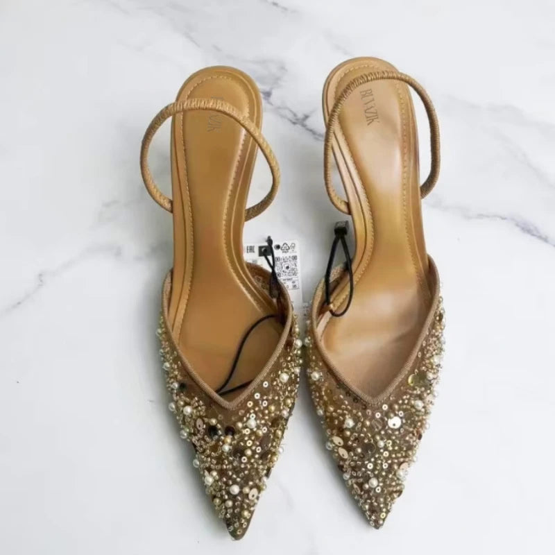 Brand High Heeled Formal Party Shoes for Lady Luxury Sequin Pearl Stiletto Elengat Mesh Slingbacks 2026 Women Modern Sandals