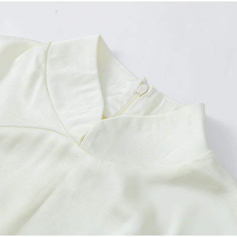 Lady Solid Satin Mini Dress Women Short Sleeve Stand Collar Patchwork Ruffle Draped Dresses Party Dinner Vestido 2026 Elegant