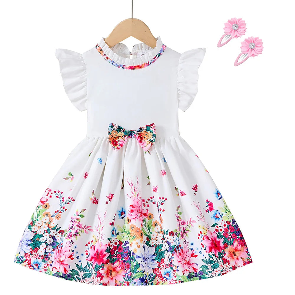 New Kids Girl Dress Summer Floral with Bow Fashion White Vestidos Short Sleeve Children Clothing Outfits Casual Daily Dresses