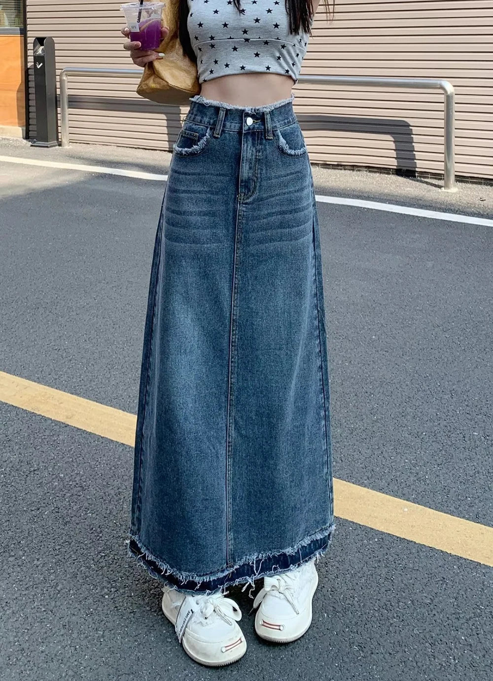Summer Street Style Rough Edge Skirt Korean Version Women Retro Casual High-waisted A-line Skirt Temperament Loose Denim Skirts