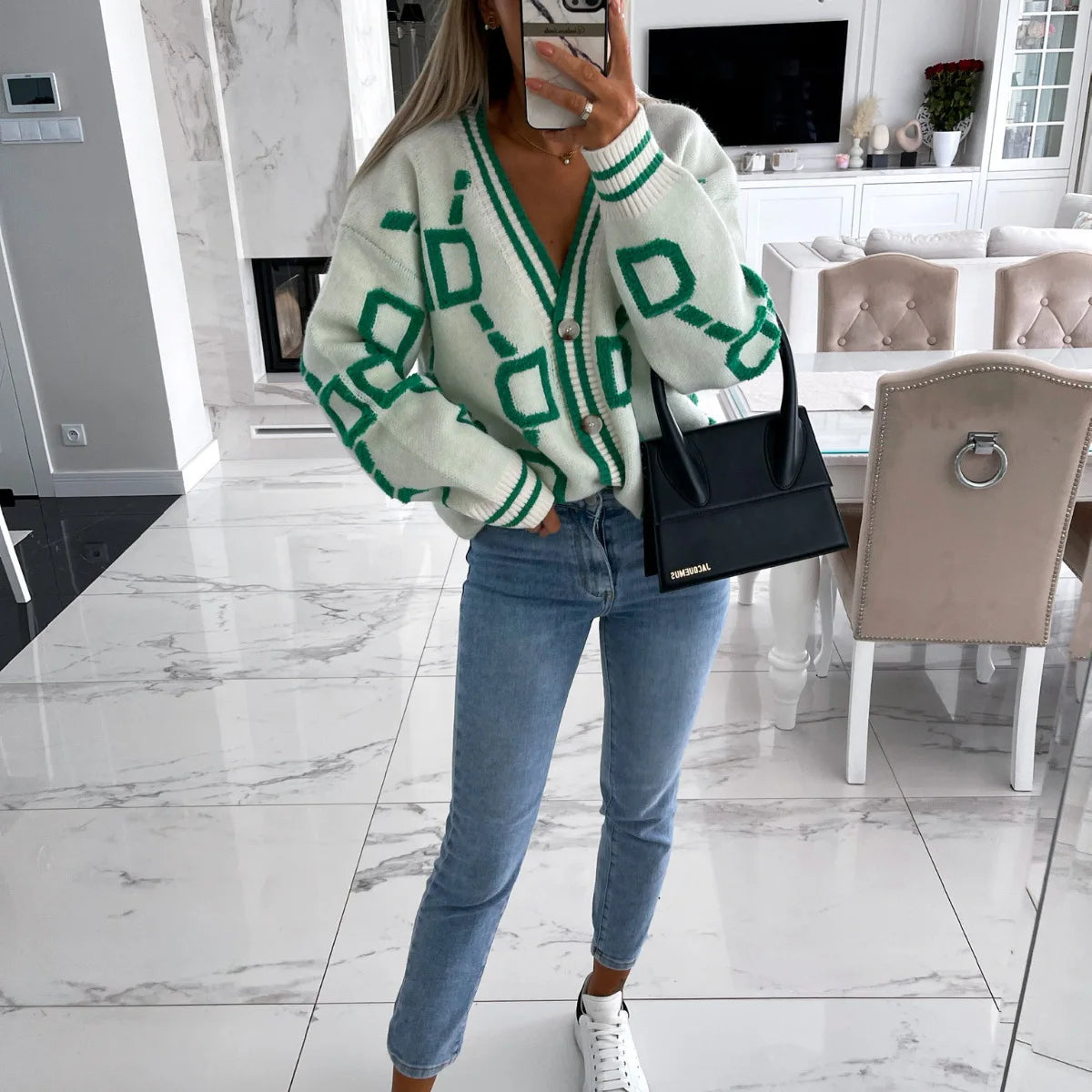 Autumn Winter Jacquard Knitted Coat Women Fashion V-neck Long Sleeve Single Breasted Knitting Cardigan Coats Female Streetwear