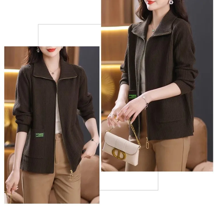 Knitted Cardigan Jacket Women Zipper Lapel Sweater Autumn Winter Outerwear