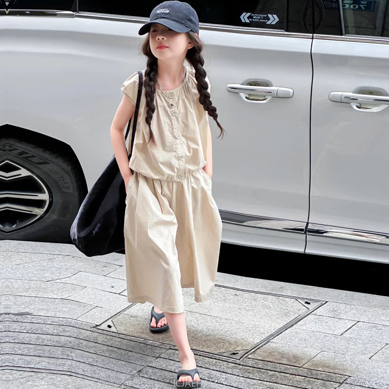 2025 Girls Summer Casual Outfit Big Kids Short Sleeve Top Capris Pants Two Piece Set Matching Big Kids Fashion Suit Holiday Wear